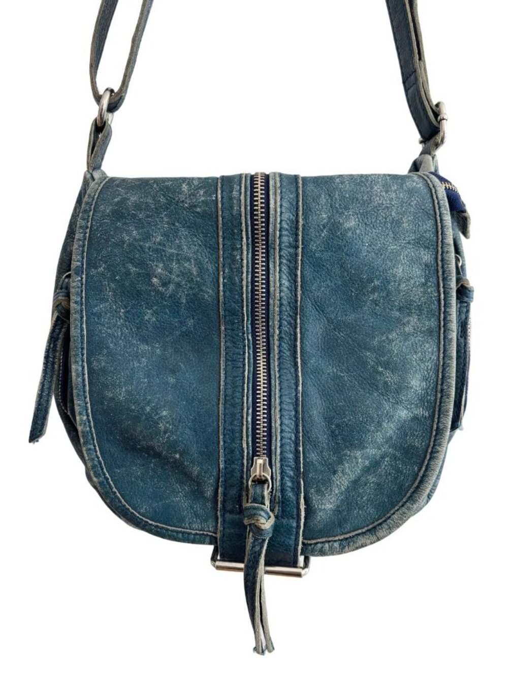 VTG TANO Genuine Leather Moto Flap Crossbody Bag in Blue Denim